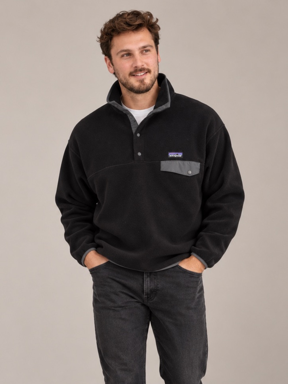 Patagonia Synchilla Snap-T Pullover Black w/Forge Grey size Large Like New